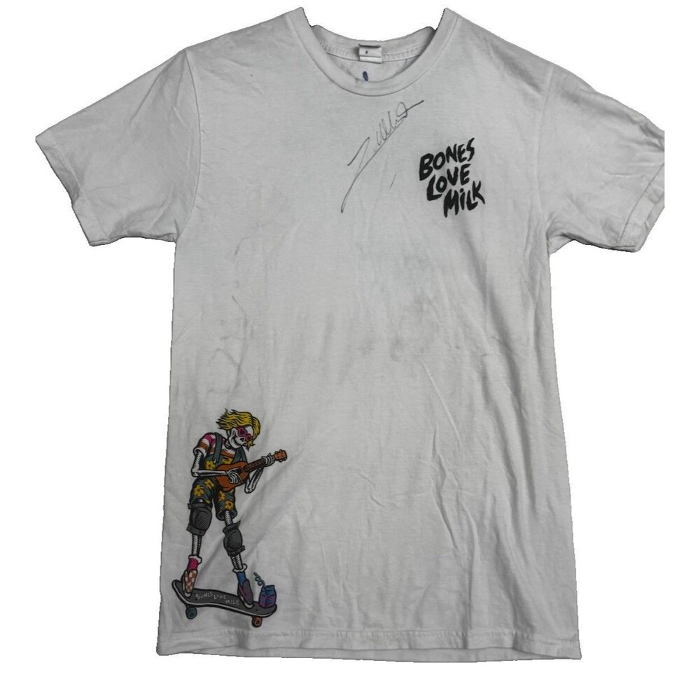Bones Love Milk Signed Graphic T Shirt White Skateboard Skeleton Guitar Small